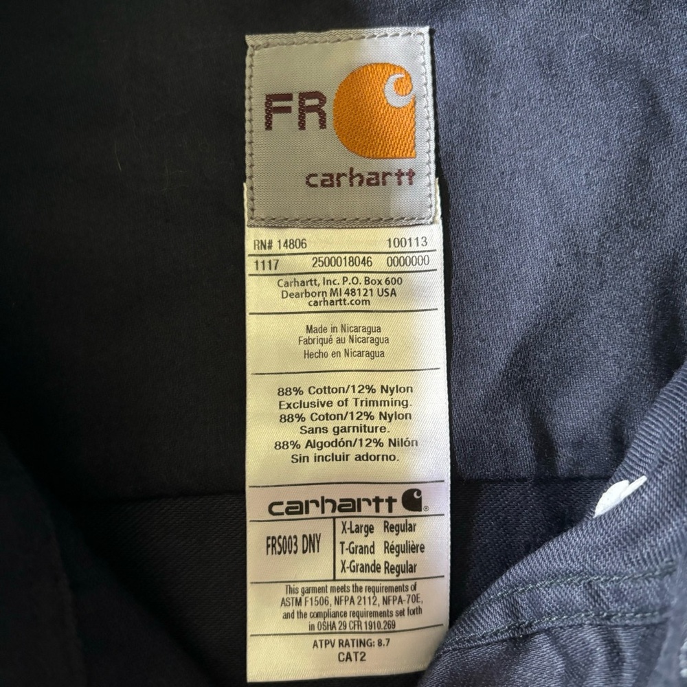 Carhartt NWT embroidered Dark Blue Flame Resistant Lightweight Twill Shirt XL - Picture 9 of 11